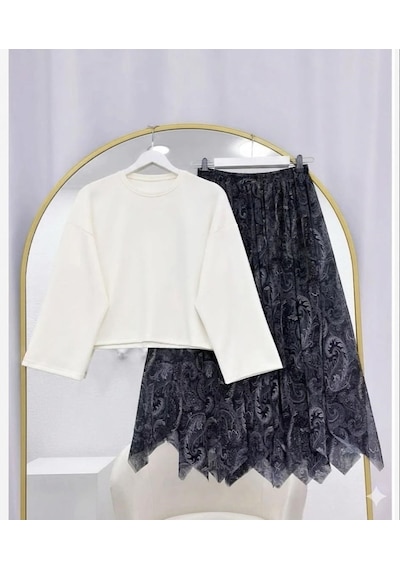 Lovie Moda Basic Bluz Asimetrik Kesim Astarlı Şifon Etekli Takım Beyaz-siyah