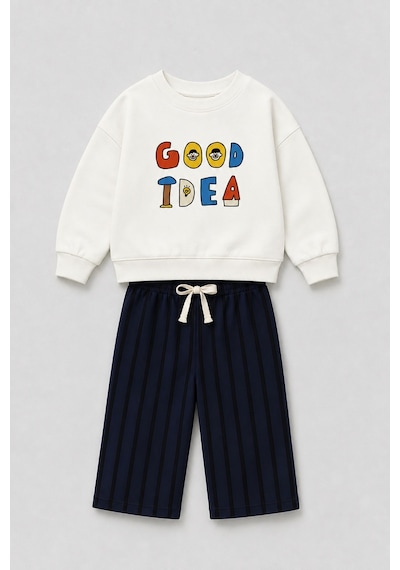 Monila Erkek Çocuk Ekru Slogan Baskılı Sweatshirt Ve Lacivert Çizgili Eşofman Alt Üst Takım