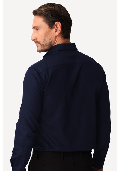 Igs Lacivert Slim Fit Dar Kalıp Klasik Yaka Düz Uzun Kollu Cepsiz %100 Pamuk Non Iron Ütü İstemeyen Gömlek -20002
