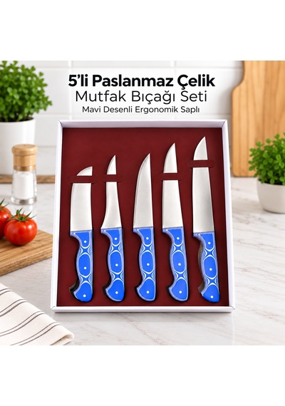 5 Li Paslanmaz Çelik Mutfak Bıçağı Seti Mavi