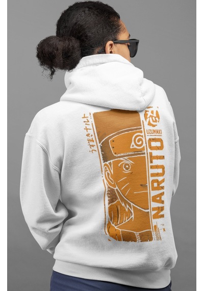 Sevbano Tasarım Naruto Uzumaki Anime Sırt Baskılı Unisex Oversize Penye H beyaz