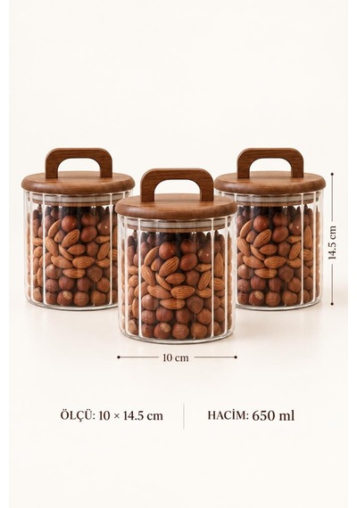 Atbyhome 3'lü Akasya Kulplu Çizgili Cam Erzak Kavanozu 650 Ml - Vakumlu Baharat Ve Kuruyemiş Saklama Kabı Seti Ahşap - Şeffaf