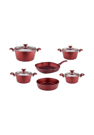 10 Parça Granit Set Cam Kapak - Kırmızı Kırmızı