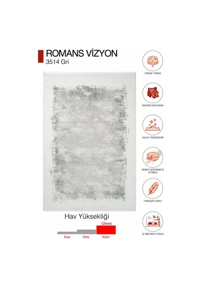 Romans Vizyon 3514 Gri Soyut Desenli Akrilik Salon Halısı Gri Beyaz