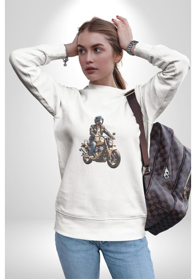 Kask Motorsiklet Dünya Turu Unisex Beyaz Baskılı Sweatshirt Beyaz