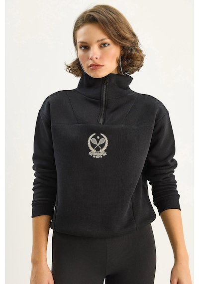 Shade Kadın Dik Yaka Yarım Fermuarlı İçi Polarlı Crop Sweatshirt 1808 60283713 - Siyah