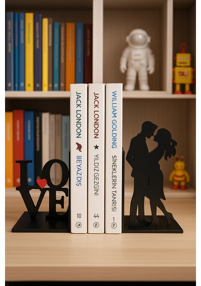 Love Çift Figürlü Kitap Tutucu Siyah Kırmızı Dekoratif Raf Desteği