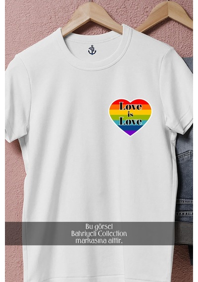 Oversize Lgbt Love İs Love Cep Tasarımlı Unisex T-shirt Beyaz
