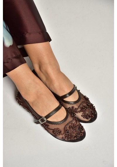 Fox Shoes Y726330115 Kahverengi File İnci Detaylı File Kadın Babet Kahverengi