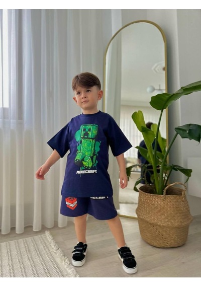 Miniko Kids Erkek Çocuk Minecraftt Modelli Baskılı Şortlu Pamuk Takım Lacivert