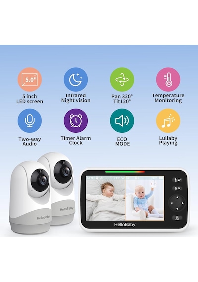 Hellobaby Çift Kameralı Video Bebek Monitörü, Gece Görüş & Eco Modu Kamera Sistemi