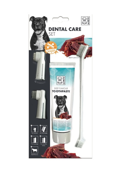 M-pets Köpek Diş Macunu Ve Fırça Seti Biftek Aromalı Çift Taraflı Fırça Ve Parmak Fırçalı Ağız Bakım Seti