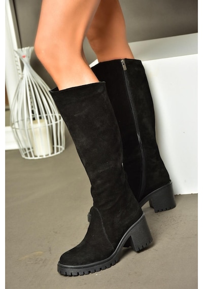 Fox Shoes R654047702 Siyah Hakiki Deri Süet Kalın Topuklu Kadın Çizme Siyah