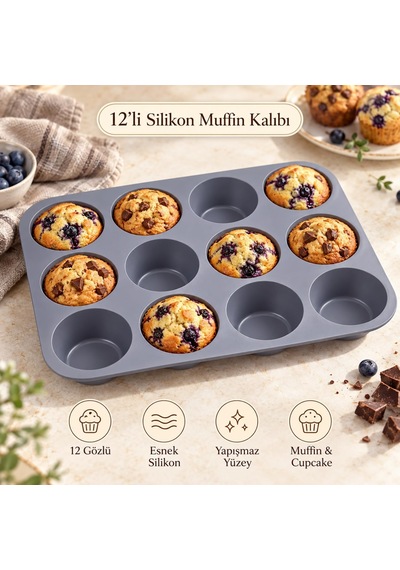 Tr 12'li Silikon Muffin Kalıbı Gri Cupcake Mini Kek Browni Kurabiye Tatlı Pişirme Tepsisi Esnek Tek Parça Yuvarlak Genel