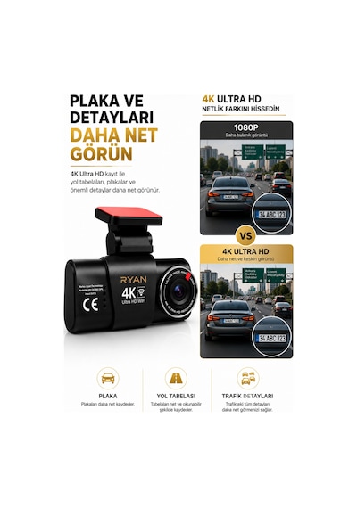 4k Araç İçi Kamera İki Kameralı Gece Görüşlü Wifi Gps 24 Saat Park Modu G Sensör