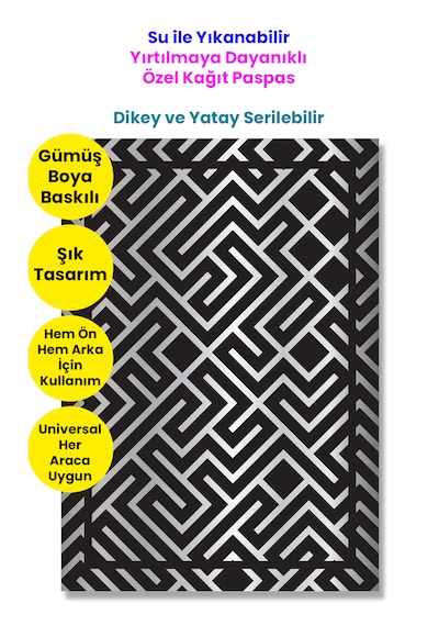 Suya Dayanıklı Yıkanır Kağıt Labirent Desen Oto Paspas Kağıdı Siyah Gümüş Baskı 50 Adet 35x50cm