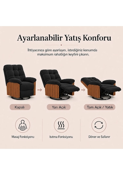Smarto Relax Porto Tv Koltuğu Elektrikli Masajlı Isıtmalı Döner Sallanan Ahşap Yan Panelli Polyester Kumaş Baba Koltuğu Siyah