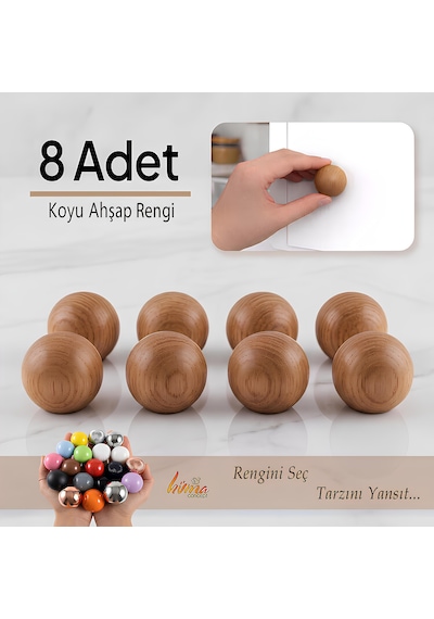 8 Adet Sert Plastik Düğme Yuvarlak Top Koyu Ahşap Rengi Dolap Mobilya Mutfak Dolabı Çekmece Kulbu Kulpu Kulplar