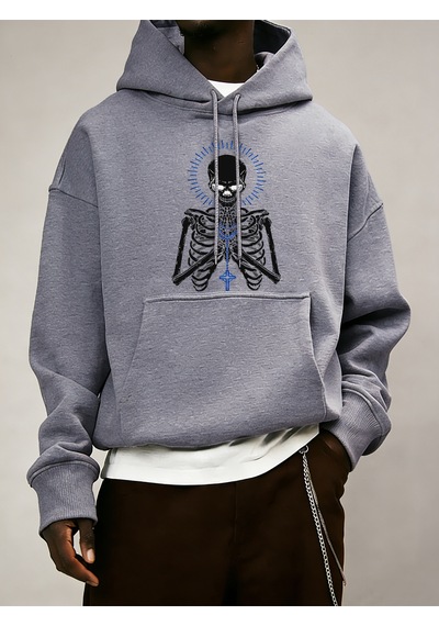 Startmore Startmoreölüm İçin Dua Edin İskelet Baskılı Erkek Temel Kapüşonlu Ceket Cepli Moda Sweatshirt Günlük B Gri