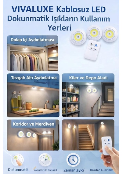 Kablosuz Led Dokunmatik Işık Seti 3 Lü , Uzaktan Kumandalı, Beyaz Işık, Ayarlanabilir Parlaklı Diğer