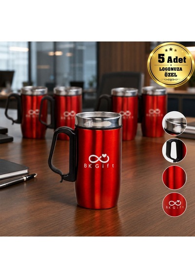 Logonuza Özel 5 Adet 5304 Çelik Kupa 240 Ml Kilitli Kapaklı Kurumsal Termos Mug Kırmızı