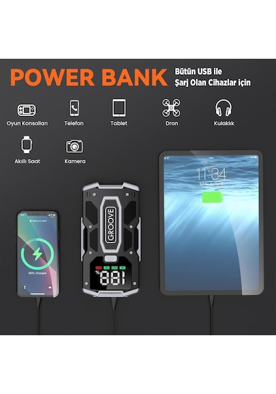 Groove M01 15800mah 2000a Akü Takviye Cihazı Taşınabilir Jump Starter Powerbank+Led Lamba+Lcd Ekran