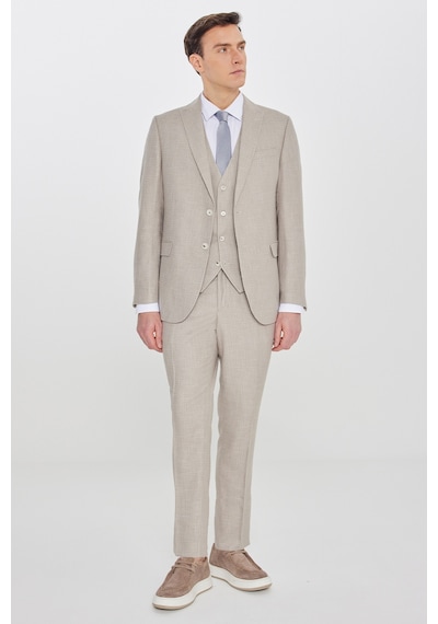 Ac&co Erkek Bej Slim Fit Dar Kesim Kırlangıç Yaka Kapak Cepli Çizgili Takım Elbise