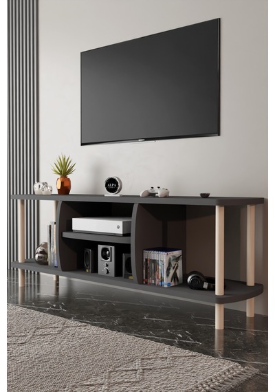 Modern Tv Ünitesi Ahşap Raflı 2 Katlı 4 Raflı Televizyon Sehpası Televizyon Ünitesi Antrasit Modern Tv Ünitesi Ahşap Raflı 2 Katlı 4 Raflı Televizyon Sehpası Televizyon Ünitesi Antrasit