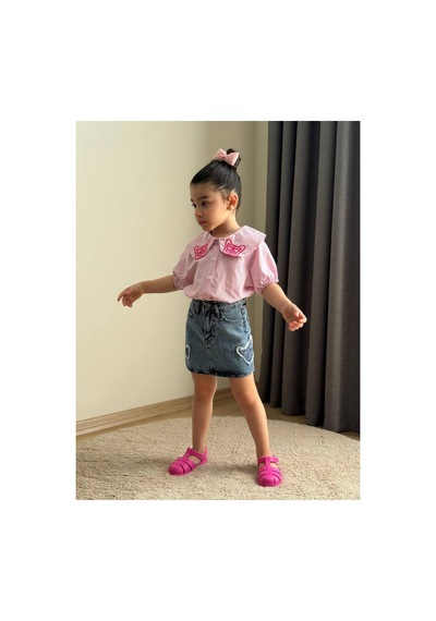Minik Düşler Kız Çocuk Kelebek Yaka Çizgili Gömlek Ve Kot Etek 2'li Takım Pembe