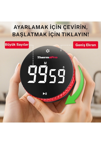 TM04 99 Saat Kapasiteli Çevirmeli Dijital Mutfak ve Ders Zamanlayıcısı, Geniş LED Ekranlı Mıknatıslı Kronometre