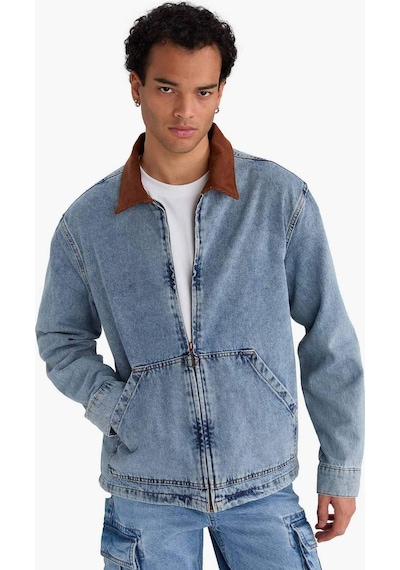 Defacto Relax Fit Kontrast Yaka Düğmeli Denim Ceket F8308ax25aunm39 Mavi