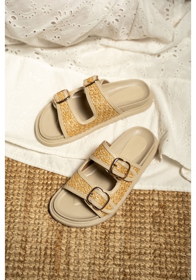 Bred Kadın Hasır Detaylı Tokalı Kalın Taban Terlik Bej
