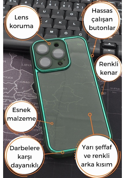 Apple Uyumlu iPhone 13 Pro Max Uyumlu Yeşil Kenarlı Renkli Yarı Şeffaf Kapak Kılıf Kamera Lens Korumalı Yeşil -