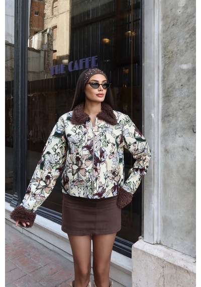 Kechi Woman Çiçek Desenli Kürk Yaka Ceket Çok Renkli