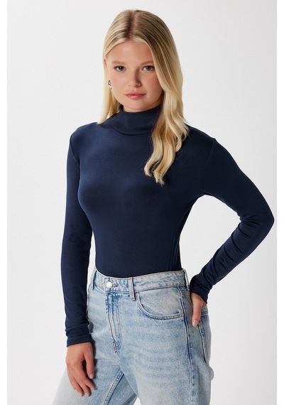 Ritnice Kadın Feel Lux Touch Dik Yaka Lacivert Uzun Kol Soft Bluz Lacivert