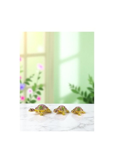 3'lü Gold Kaplumbağa Biblo Seti Taşlı Pembe & Yeşil Kristal Detay 7x5 CM, 5x4 CM, 4,5x3,5 CM
