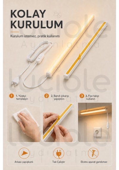 220v Amber Led Bar 100 Cm Fişli Anahtarlı Yapışkanlı Tezgah Altı Dolap İçi Aydınlatma