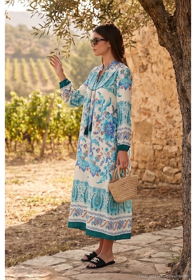 Lela Modest Desenli Regular Fit Bağlamalı V Yaka Maxi Bayan Elbise 611El510 Yeşil