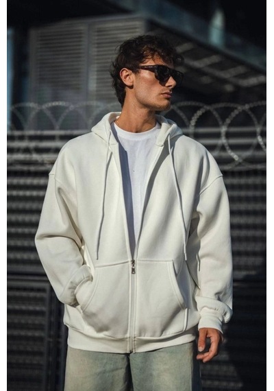 Valensdesign Oversize Tam Fermuarlı Uzun Kol Hırka - Beyaz