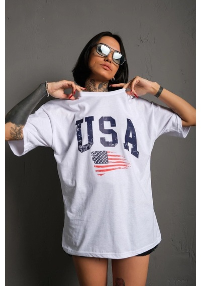 Startmore Usa Flag Baskılı Beyaz Oversize Tişört Beyaz