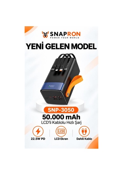 Snapron Snp-3050 50.000 Mah Lcd Ekran Dahili Kablolu 22.5w Hızlı Şarj Powerbank Siyah
