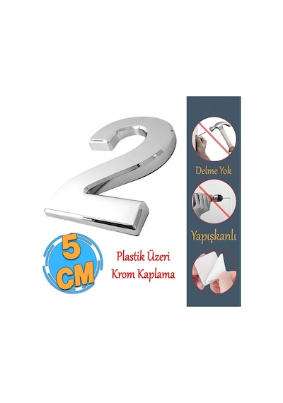 Yapışkanlı Kapı Numarası Küçük Boy 50 Mm 5 Cm Numara 2 Rakam İki Sayısı Krom Renk Numaralar 1 Adet Diğer