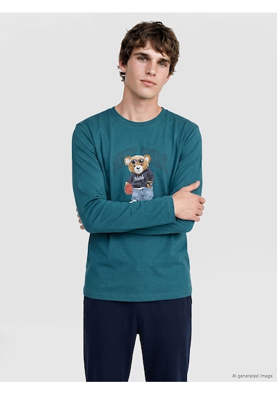 Lc Waikiki Lc Waıkıkı Petrol Regular Fit Teddy Baskılı Erkek Pijama Takımı