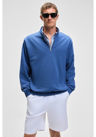 Grımelange NESTOR Erkek Relaxed Fit Dik Yakalı Yarım Fermuarlı Uzun Kollu Mavi Sweatshirt