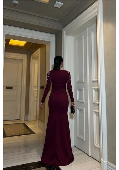 Semel Kadın Yeni Sezon Yaka Taş Detaylı Maxi Abiye Elbise Saks