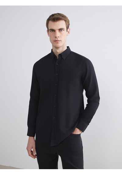 Lcwaıkıkı Classic Siyah Regular Fit Uzun Kollu Keten Karışımlı Erkek Gömlek