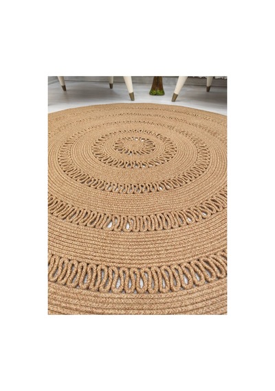Jüt Hasır Görünümlü Desenli Modern El Örgüsü Daire Halı Kilim Hasır Hasır