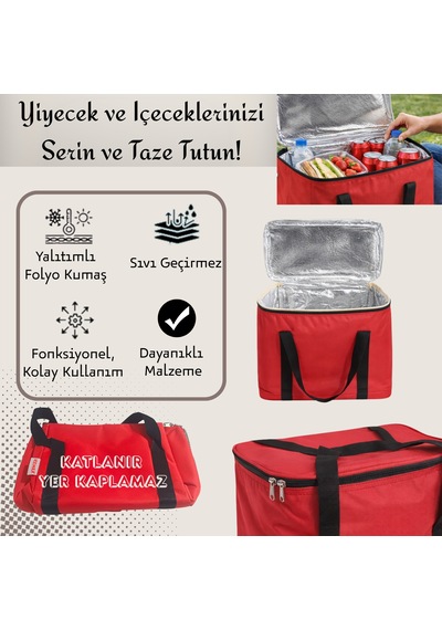 20 Lt Termal Kamp Ve Piknik Yemek Taşıma Çantası, Soğutucu Buzluk Çanta-373 Kırmızı