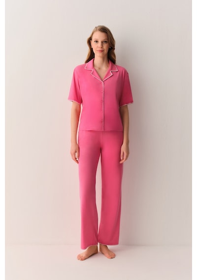 Suwen Hilary Gömlek Yaka Pijama Takımı Sh26628660b880 Pembe Melanj