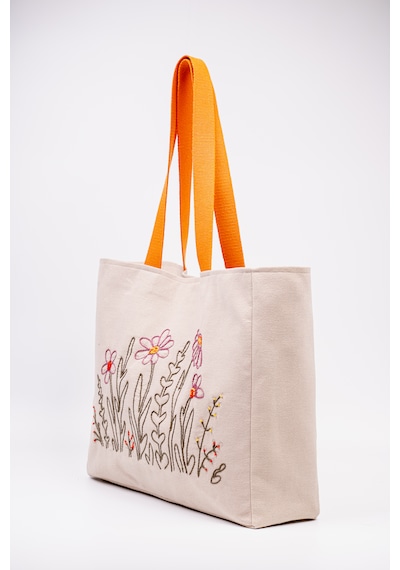 Fabric Craft Bag Omuz Çanta Nakışlı Keten Karışımlı Kumaş Tote Çanta Kahverengi - Turuncu
